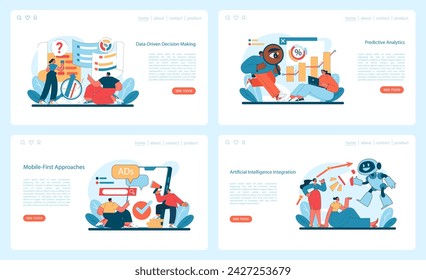 Tech Innovations set. Empowering data-driven decisions, forecasting trends, prioritizing mobile engagement, and AI. Flat vector illustration.