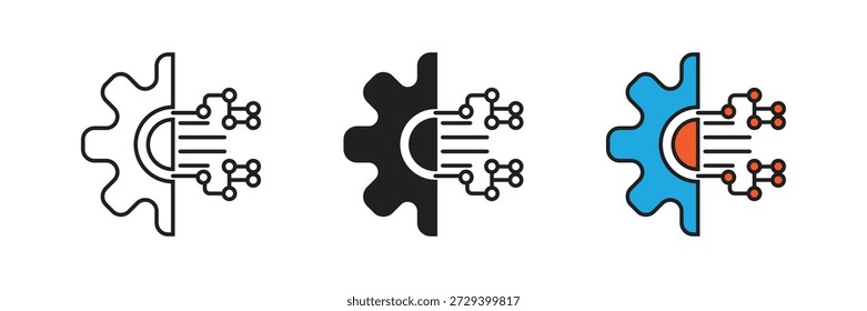 Vektorsymbol "Technische Integration". Modernes Symbol für die digitale Transformation, das ein Getriebe darstellt, das mit elektronischen Schaltkreisleitungen verschmilzt und die Automatisierung, das industrielle Internet und die Hardwareintegration darstellt.