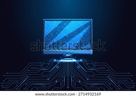 Tech interfaces and digital display systems. Glowing polygon computer monitor over circuit board. Screens, UI UX, online platforms and modern computing. Futuristic neon blue vector illustration.