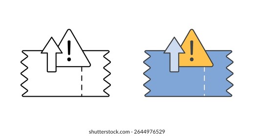 Ícone de escalonamento de problema técnico com ponto de exclamação, seta para cima e tíquete, nos estilos de estrutura de tópicos e de cores, perfeito para ilustrar o escalonamento de suporte de TI, relatórios de problemas urgentes.