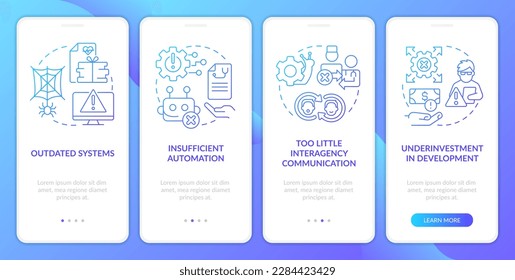 Problemas técnicos en la pantalla de aplicación móvil del sistema de salud pública gradiente azul.Recorrido de 4 pasos instrucciones gráficas con conceptos lineales. UI, UX, plantilla GUI. Multitud de tipos de letra Pro-Bold, con uso regular