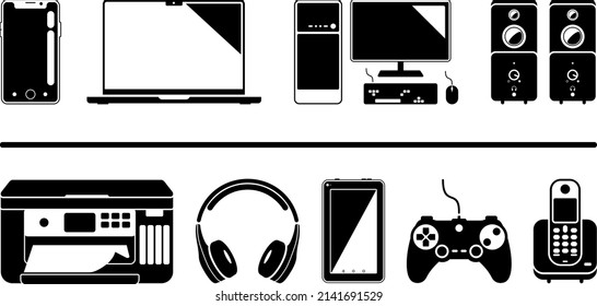 tech items icons for office and bedroom. Smartphone, computer, notebook, phone, video game controller, headset, tablet, speaker and printer.