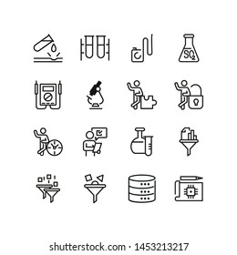 Tech lab line icon set. Chemical tube, microscope, binary code filter, data storage. Research concept. Can be used for topics like chemistry, information technology, science