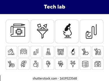 Tech lab line icon set. Chemical tube, microscope, binary code filter, data storage. Research concept. Can be used for topics like chemistry, information technology, science