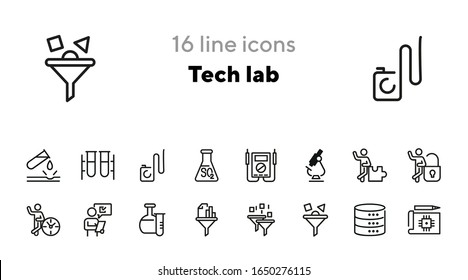 Tech Lab Line Icon Set. Chemical Tube, Microscope, Binary Code Filter, Data Storage. Research Concept. Can Be Used For Topics Like Chemistry, Information Technology, Science