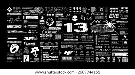 Tech Labels, dystopian UI graphic elements, futuristic brutalism. A collage cyber symbols and tech-inspired decals. Futuristic Icons, logos, signs and symbols with HUD in cyberpunk style. Vector set