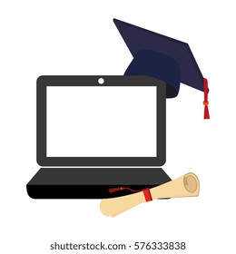 tech laptop with certificate of graduation and graduation cap