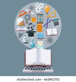 tech laptop and display open book with circular border icons academic knowledge