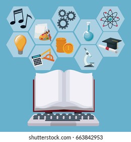 tech laptop and display open book with gray color geometric abstract figures icons academic knowledge