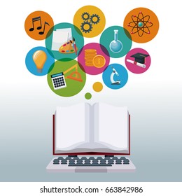 tech laptop and display open book with bubbles icons academic knowledge