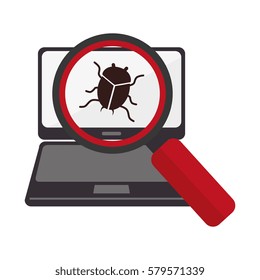 tech laptop with loupe and beetle virus