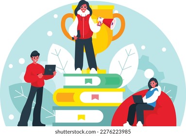 The tech lead stands on a stack of books with a golden cup or trophy next to his team. Business goal, idea. Victory concept. Online education or social media concept. Vector graphics