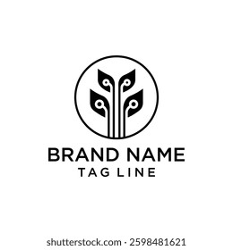 Tech leaf logo. Minimalist design combining nature and technology. Perfect for eco-tech or innovation brands. Clean, vector-based icon.