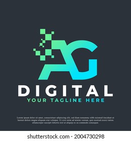 Tech Letter AG Logo. Blue And Green Geometric Shape With Square Pixel Dots. Usable For Business And Technology Logos. Design Ideas Template Element.