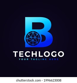 Logotipo de la carta técnica B. Forma geométrica azul con círculo de puntos conectado como vector de logotipo de red. Usable para Logos de Negocios y Tecnología.