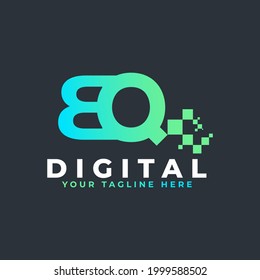 Tech Letter BQ Logo. Blue and Green Geometric Shape with Square Pixel Dots. Usable for Business and Technology Logos. Design Ideas Template Element.