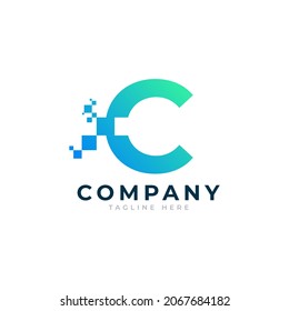 Tech Letter C Logo. Blue and Green Geometric Shape with Square Pixel Dots. Usable for Business and Technology Logos. Design Ideas Template Element.