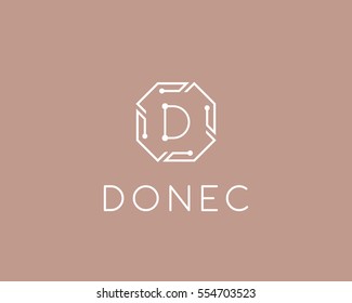 Tech letter D logotype. Line art chip creative sign symbol. Science universal vector logo icon.