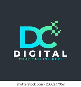 Tech Letter DC Logo. Blue and Green Geometric Shape with Square Pixel Dots. Usable for Business and Technology Logos. Design Ideas Template Element.