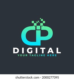 Tech Letter DP Logo. Blue and Green Geometric Shape with Square Pixel Dots. Usable for Business and Technology Logos. Design Ideas Template Element.