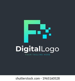 Tech Letter F Logo. Blue and Green Geometric Shape with Square Pixel Dots. Usable for Business and Technology Logos. Design Ideas Template Element.