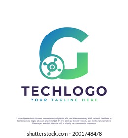 Tech Letter G Logo. Green Geometric Shape with Dot Circle Connected as Network Logo Vector. Usable for Business and Technology Logos.