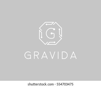Tech letter G logotype. Line art chip creative sign symbol. Science universal vector logo icon.