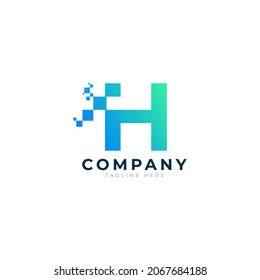 Logo de la letra tecnológica H. Forma geométrica azul y verde con puntos de píxeles cuadrados. Usable para Logos de Negocios y Tecnología. Elemento de plantilla Ideas de diseño.
