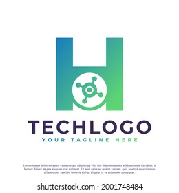 Logo de la letra tecnológica H. Forma geométrica verde con círculo de puntos conectado como vector de logotipo de red. Usable para Logos de Negocios y Tecnología.