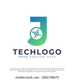 Tech Letter J Logo. Green Geometric Shape with Dot Circle Connected as Network Logo Vector. Usable for Business and Technology Logos.