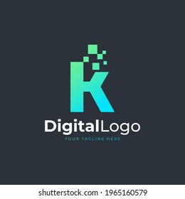 Tech Letter K Logo. Blue and Green Geometric Shape with Square Pixel Dots. Usable for Business and Technology Logos. Design Ideas Template Element.