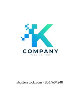 Tech Letter K Logo. Blue and Green Geometric Shape with Square Pixel Dots. Usable for Business and Technology Logos. Design Ideas Template Element.