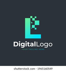 Tech Letter L Logo. Blue and Green Geometric Shape with Square Pixel Dots. Usable for Business and Technology Logos. Design Ideas Template Element.