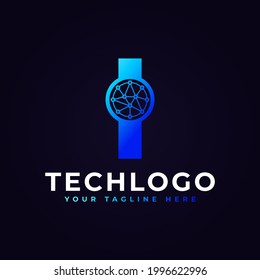 Tech Letter I Logo. Blue Geometric Shape with Dot Circle Connected as Network Logo Vector. Usable for Business and Technology Logos.