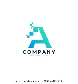 Tech Letter A Logo. Blue and Green Geometric Shape with Square Pixel Dots. Usable for Business and Technology Logos. Design Ideas Template Element.
