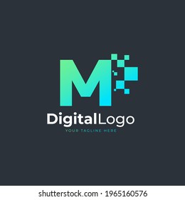 Tech Letter M Logo. Blue and Green Geometric Shape with Square Pixel Dots. Usable for Business and Technology Logos. Design Ideas Template Element.