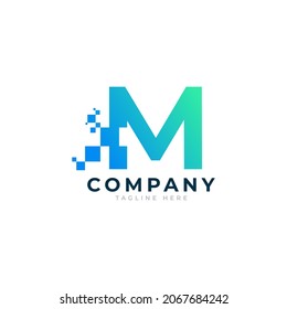 Tech Letter M Logo. Blue and Green Geometric Shape with Square Pixel Dots. Usable for Business and Technology Logos. Design Ideas Template Element.