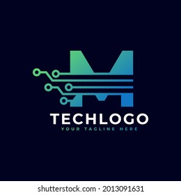 Logo de la letra tecnológica M. Plantilla de logotipo vectorial futurista con color gradiente verde y azul. Forma geométrica. Usable para Logos de Negocios y Tecnología.