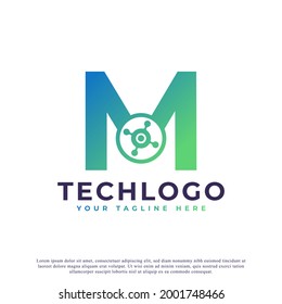 Tech Letter M Logo. Green Geometric Shape with Dot Circle Connected as Network Logo Vector. Usable for Business and Technology Logos.