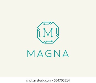 Tech letter M logotype. Line art chip creative sign symbol. Science universal vector logo icon.