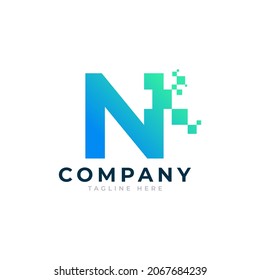Tech Letter N Logo. Blue and Green Geometric Shape with Square Pixel Dots. Usable for Business and Technology Logos. Design Ideas Template Element.