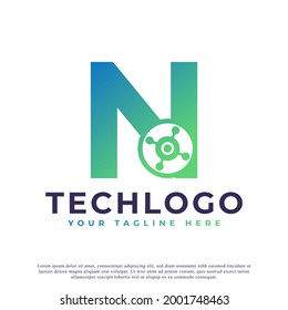 Tech Letter N Logo. Green Geometric Shape with Dot Circle Connected as Network Logo Vector. Usable for Business and Technology Logos.