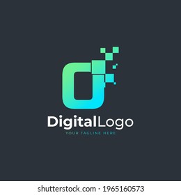 Tech Letter O Logo. Blue and Green Geometric Shape with Square Pixel Dots. Usable for Business and Technology Logos. Design Ideas Template Element.