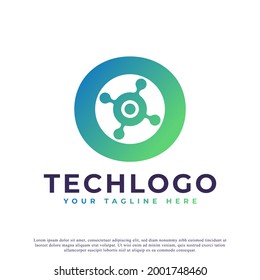 Tech Letter O Logo. Green Geometric Shape with Dot Circle Connected as Network Logo Vector. Usable for Business and Technology Logos.