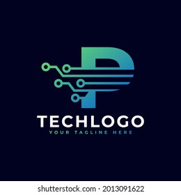 Logo de la carta técnica P. Plantilla de logotipo vectorial futurista con color gradiente verde y azul. Forma geométrica. Usable para Logos de Negocios y Tecnología.
