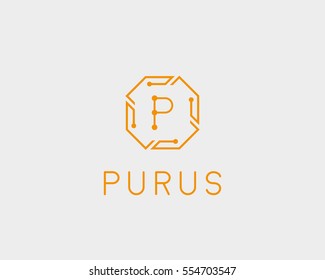 Tech letter P logotype. Line art chip creative sign symbol. Science universal vector logo icon.