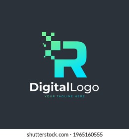 Tech Letter R Logo. Blue and Green Geometric Shape with Square Pixel Dots. Usable for Business and Technology Logos. Design Ideas Template Element.
