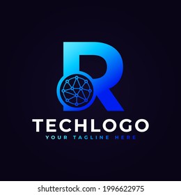 Tech Letter R Logo. Blue Geometric Shape with Dot Circle Connected as Network Logo Vector. Usable for Business and Technology Logos.