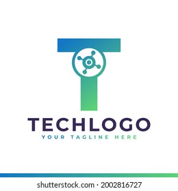 Tech Letter T Logo. Green Geometric Shape with Dot Circle Connected as Network Logo Vector. Usable for Business and Technology Logos.