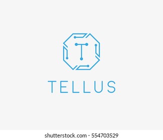 Tech letter T logotype. Line art chip creative sign symbol. Science universal vector logo icon.